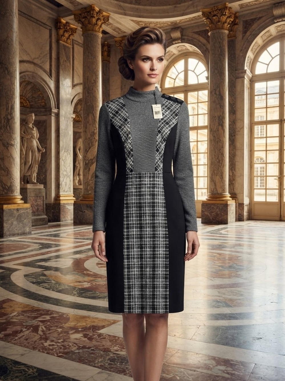 Vince Camuto Black and Gray Plaid Long-Sleeve Sheath Dress
